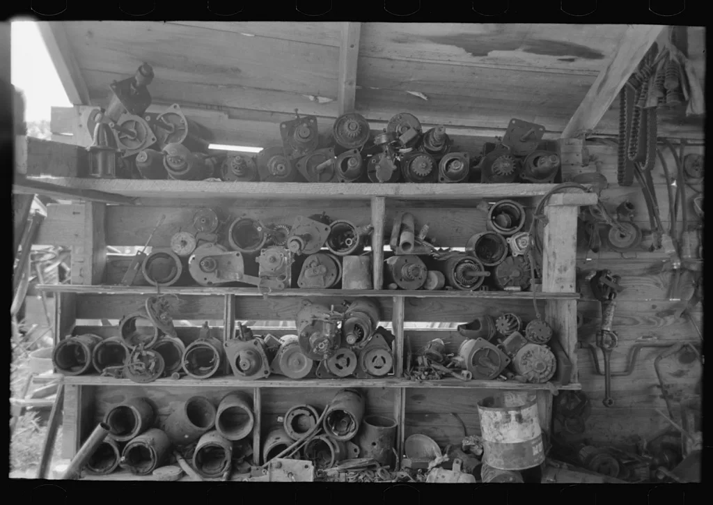 Automobile parts at junkyard near Abbeville, Louisiana, 1938