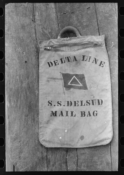 Mail bag on dock, Pilottown, Louisiana, 1938