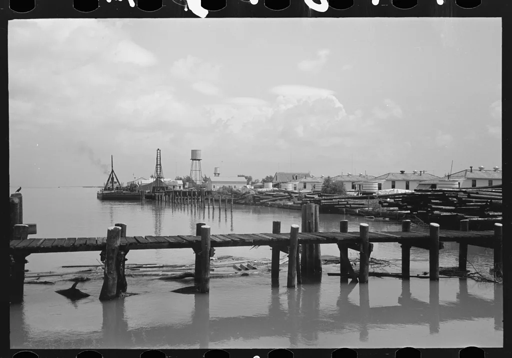 View of waterfront, Burrwood, Louisiana, 1938