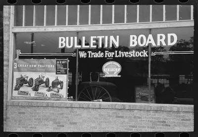 Window of agricultural machinery store, Brownwood, Texas, 1939