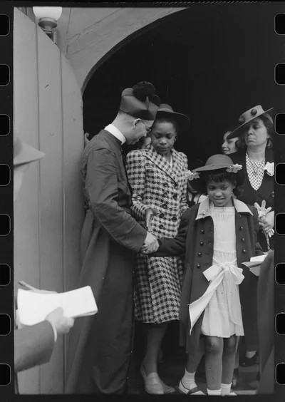 Shaking hands after church services, Chicago, Illinois, 1941