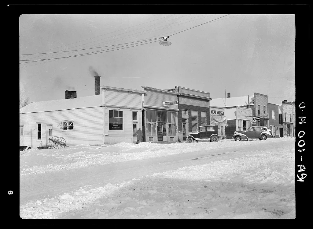 Main street of Dickens, Iowa, 1936