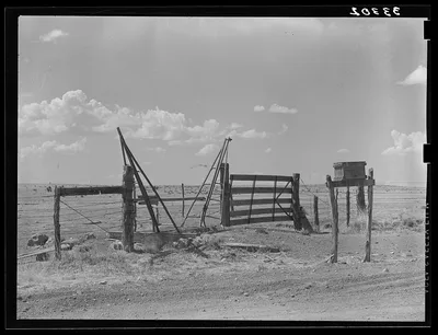 Cattle guard gate and mail box on ranch near Marfa, Texas, 1939