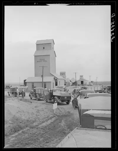 Line of trucks at wheat elevator west of Amarillo, Texas, 1939