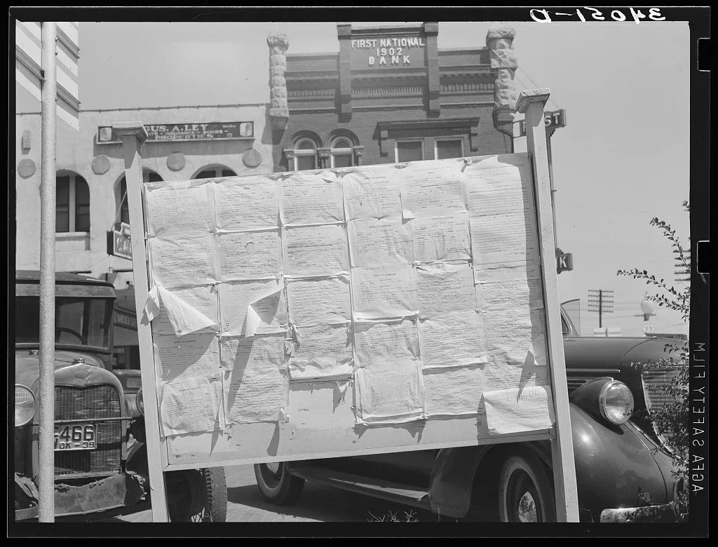 Bulletin board. Courthouse, Perry, Oklahoma, 1939