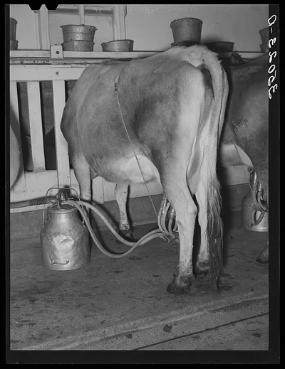 Cow being milked by vacuum milker. Dairy, Tom Green County, Texas, 1939