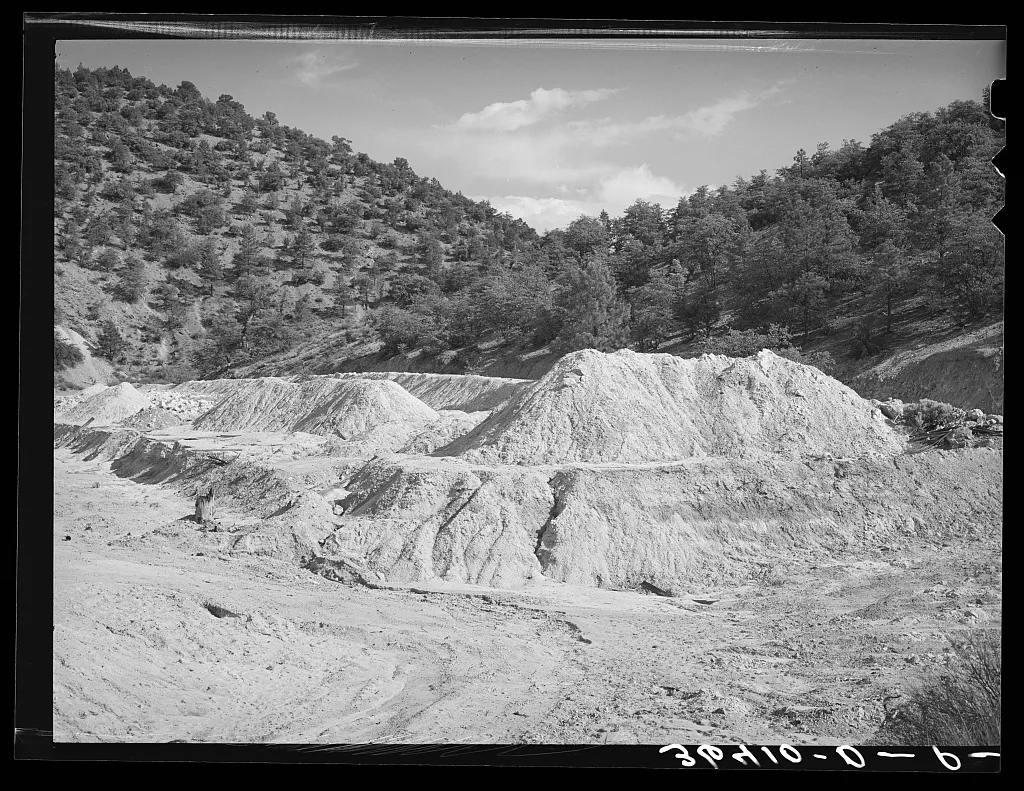 Tailings at abandoned copper mine at Leopold, New Mexico, 1940