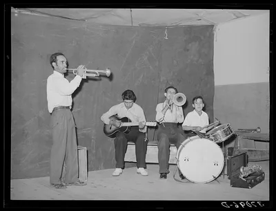 Orchestra with traveling show (Spanish-American). Penasco, New Mexico, 1940