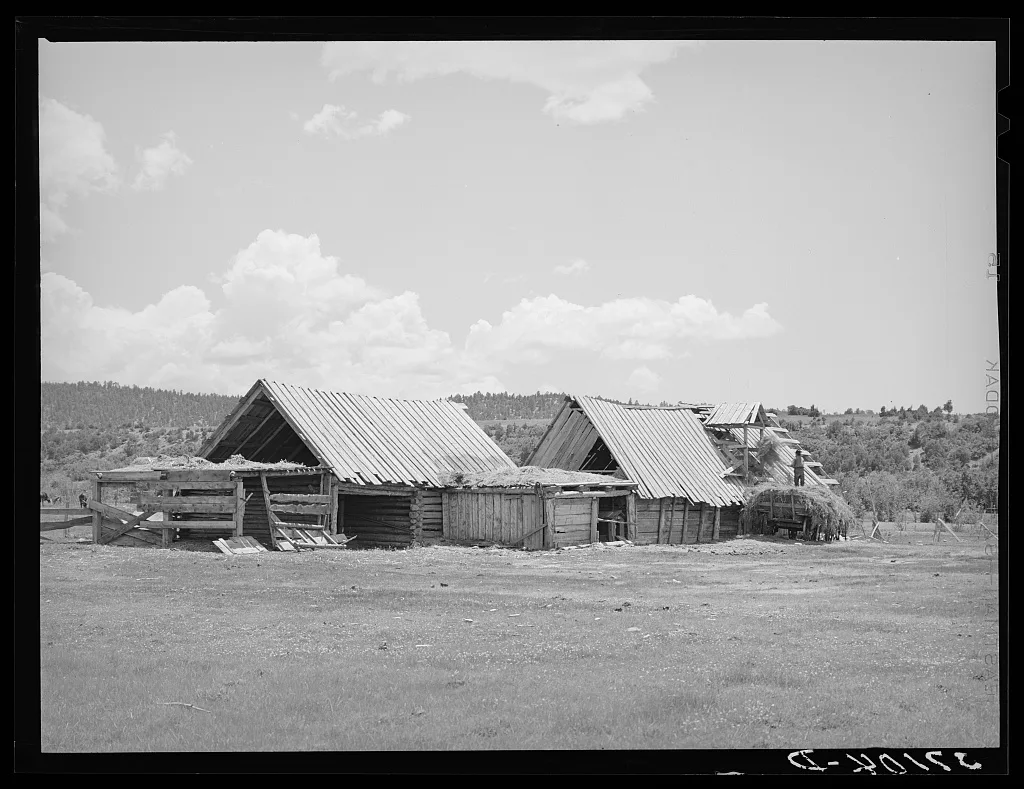 Hay barns of Spanish-American farmer at Llano, New Mexico, 1940