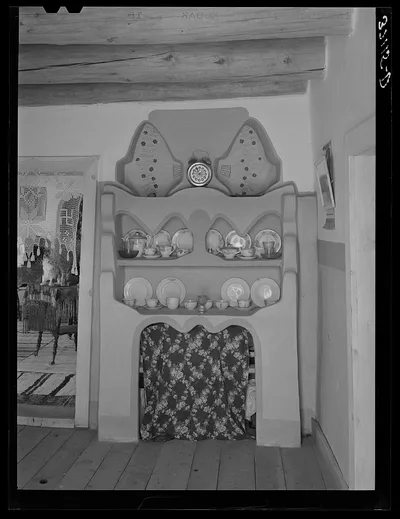 Homemade adobe cupboard in Spanish-American farm house. Chamisal, New…, New Mexico, 1940