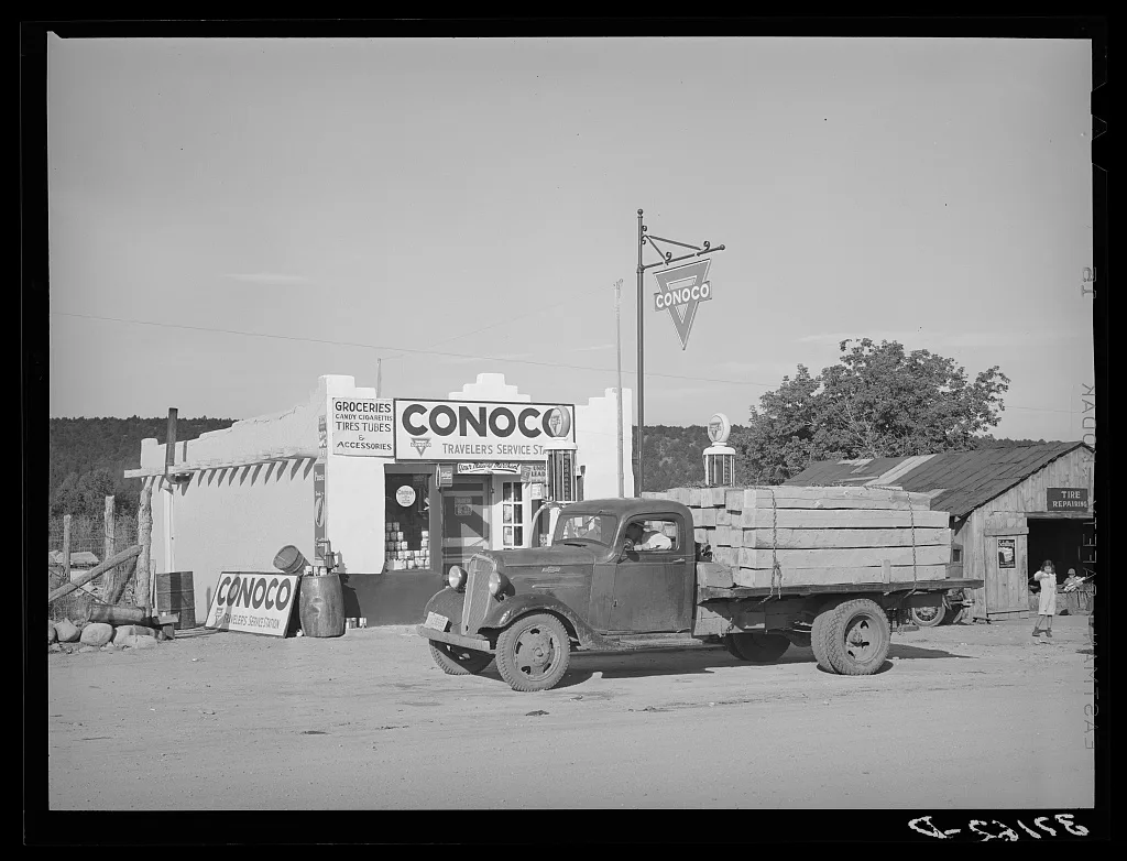 Truck and filling station, Penasco, New Mexico. All supplies come…, 1940