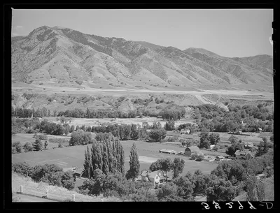 Farms on the outskirts of Logan, Utah, Cache County. At the foot of…, 1940