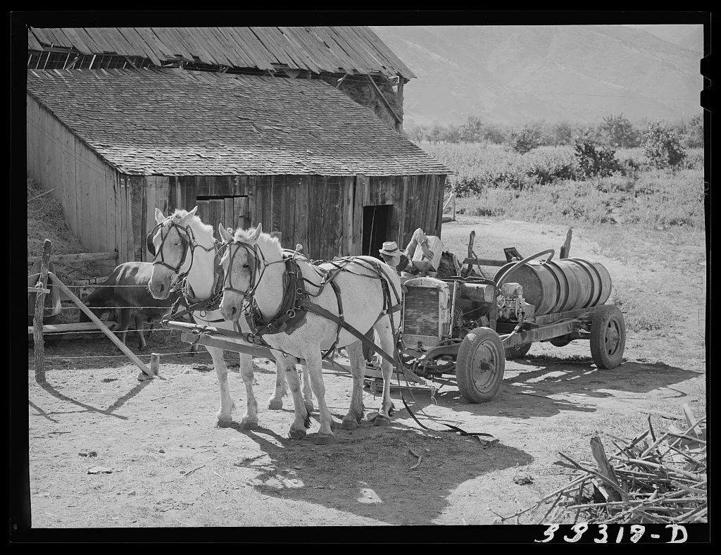 Filling tank of converted automobile which supplies power for FSA…, Utah, 1940