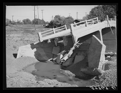 Detail of bridge washed out by recent flood of Sacramento River in…, California, 1940