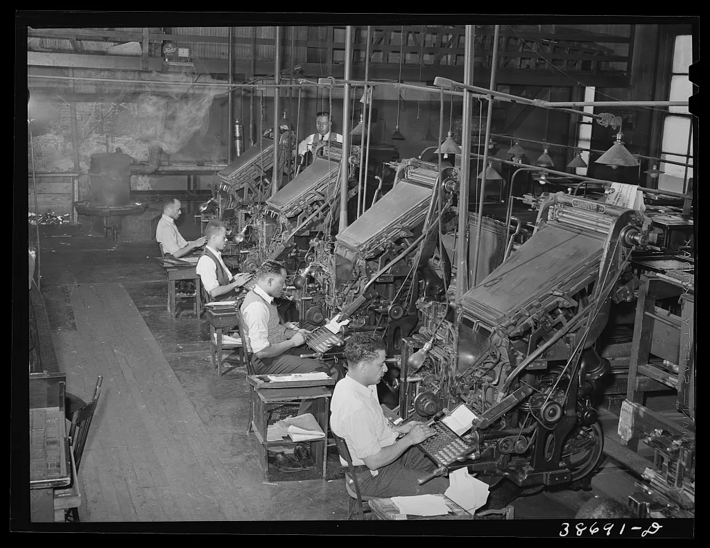 [Untitled photo, possibly related to: Linotype operators of the…, Illinois, 1941