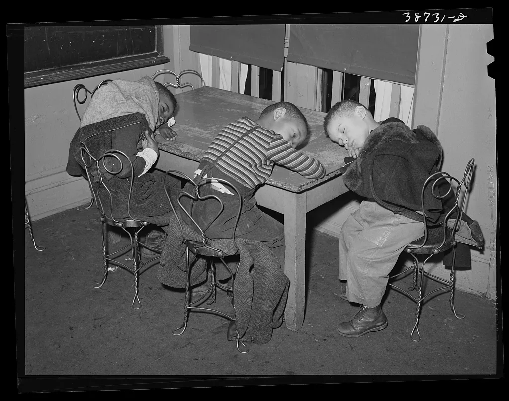 Negro boys during rest period at nursery. There is a shortage of…, Illinois, 1941