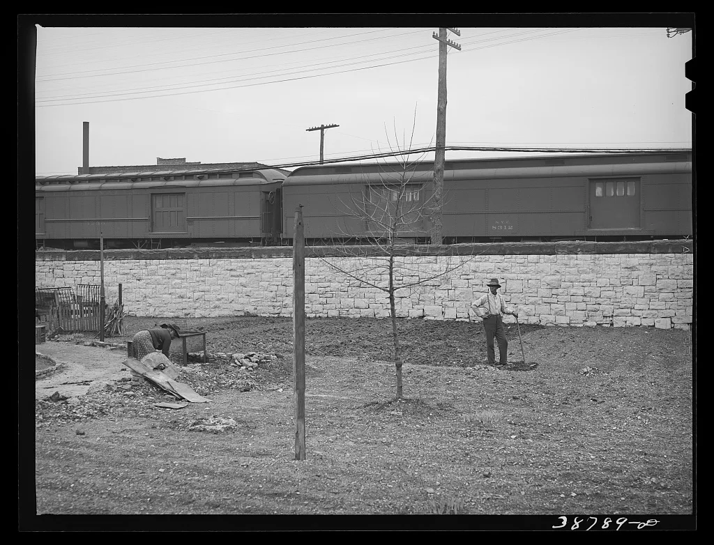 Spring gardening adjacent to railroad tracks in Negro section of…, Illinois, 1941