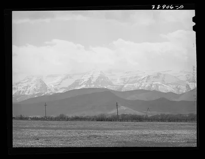 Spring pasture with the snow-covered Uinta Mountains in the…, Utah, 1941