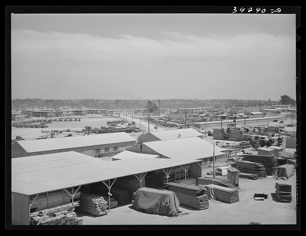 Construction materials at the Kearney-Mesa defense housing project.…, California, 1941