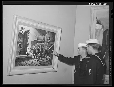 Sailors looking at paintings by Thomas Benton at the fine arts…, California, 1941