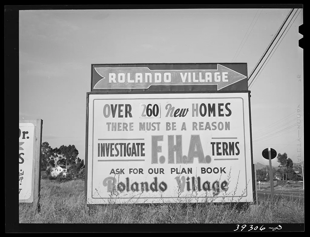Sign of Federal Housing Administration housing. San Diego, California, 1941