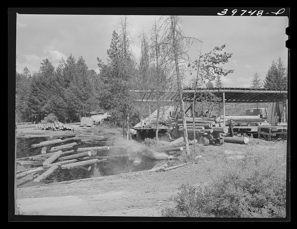 Unloading logs from trucks into pond. Cascade, Idaho, 1941