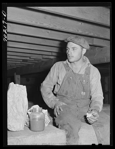 Worker on stationary mechanical hop picker. Yakima County, Washington, 1941