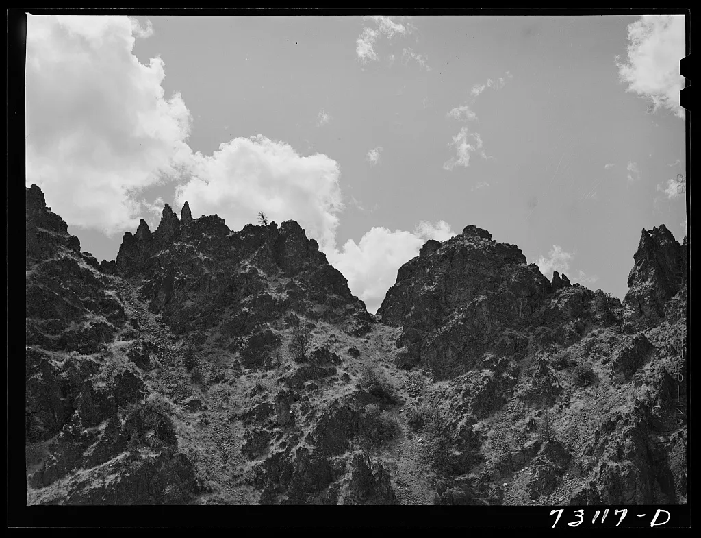 Siskiyou County, California. Mountain crags along U.S. highway 99, 1942